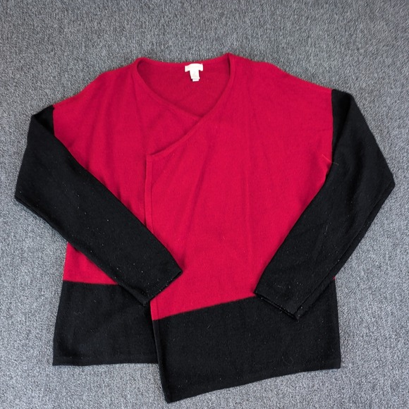 Chico's Colorblock Asymmetric Wrap Sweater Women Size 2 Red Black 100% Wool — photo 2